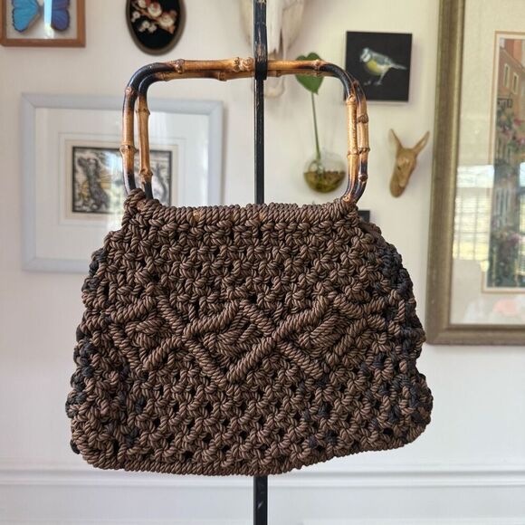 Vintage Handbags - Vintage 70s Macrame Bamboo Handled Satchel Hand Bag Purse Brown